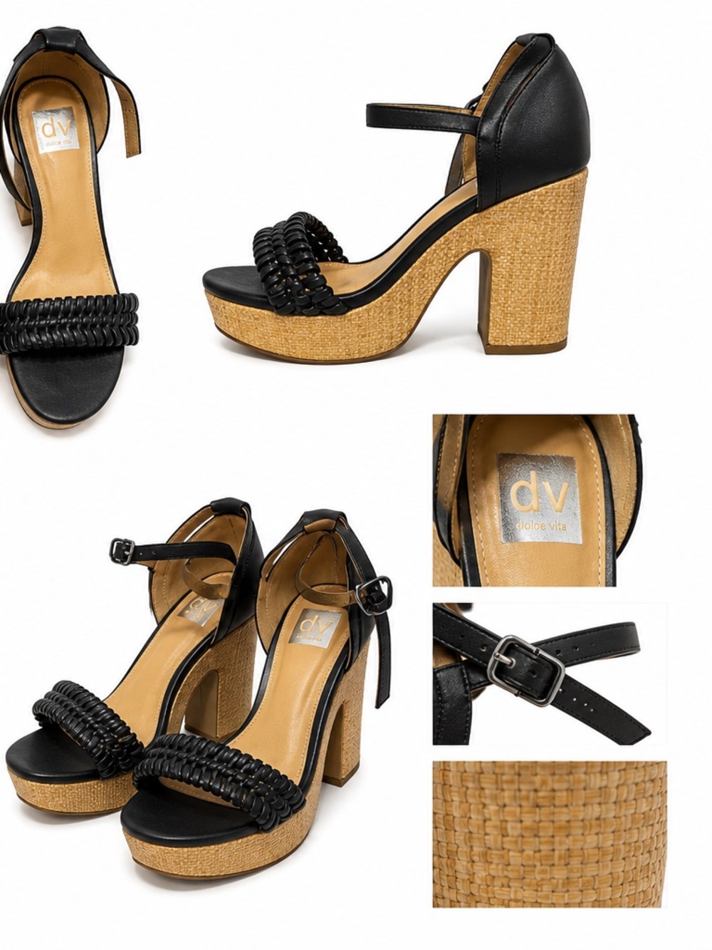 Dolce Vita Black Raffia Block Heel Sandals Size 9 - Picture 2 of 3